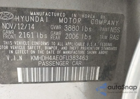 2015 Hyundai Elantra Se z USA, uszkodzony, nr VIN KMHDH4AE0FU383463